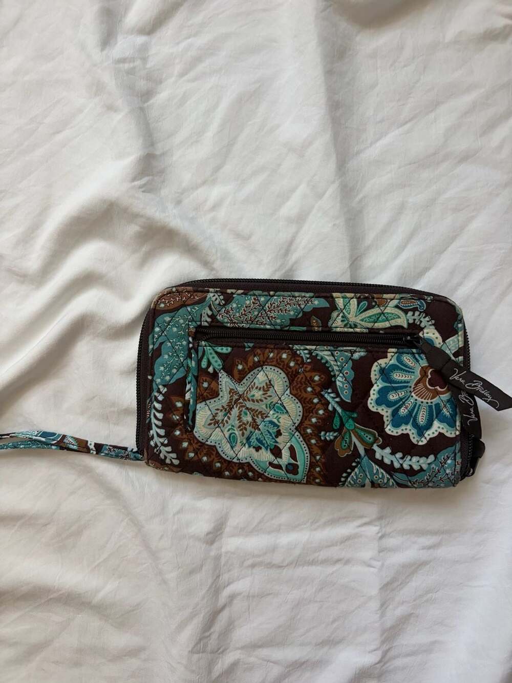Vera Bradley Quilted Brown and Blue Floral Paisley Zip Around Wristlet Wallet